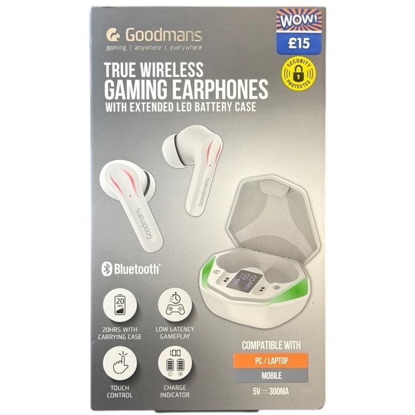 Product photo for New: Goodmans True Wireless Gaming Earphones With LED Battery Case - White