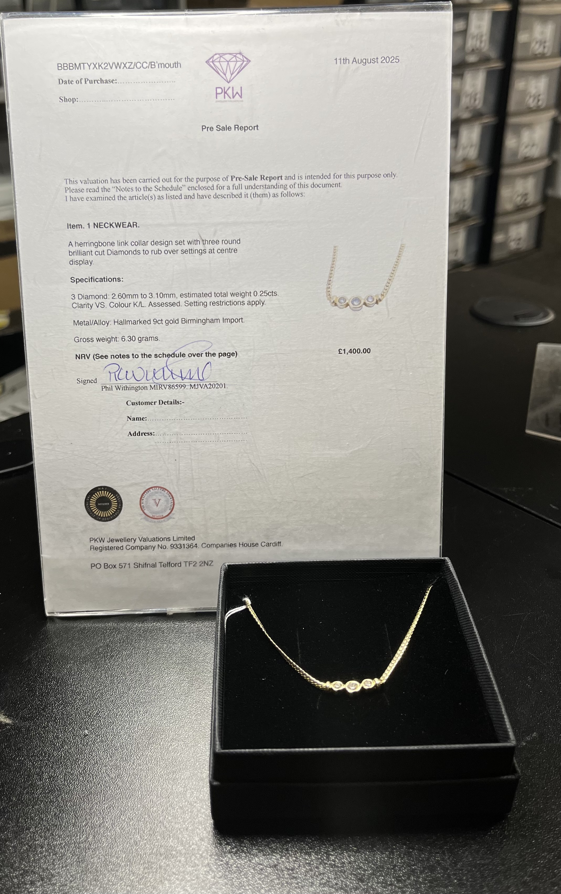 Product photo for 9ct Gold Herringbone Link Necklace with VS Diamonds – 16