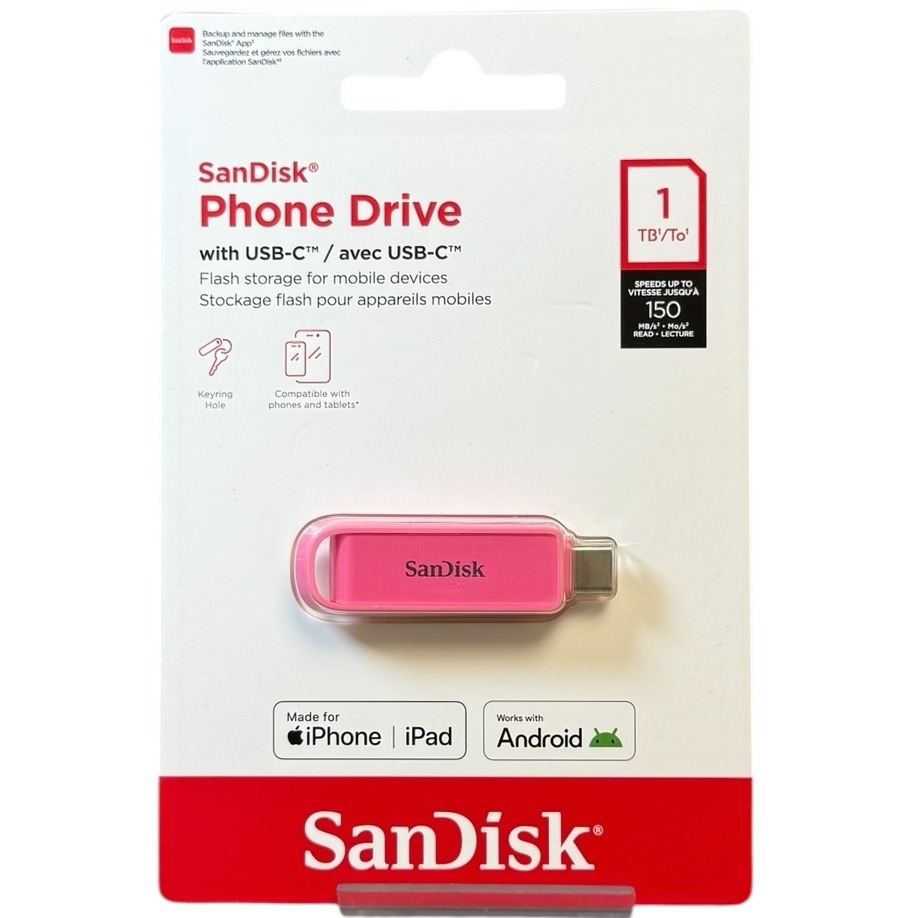 Product photo for New: SanDisk Phone Drive With USB-C - 1TB, Pink