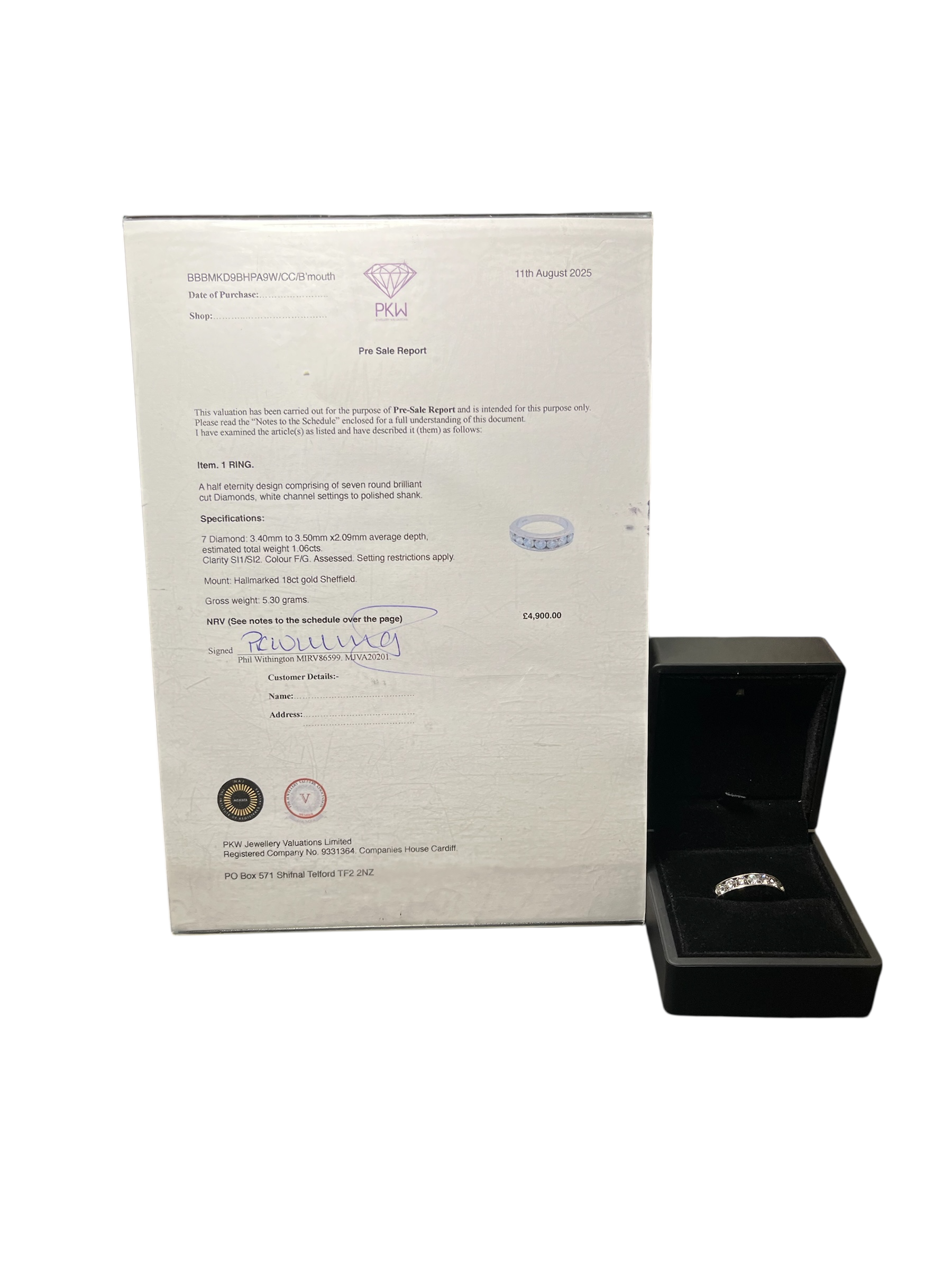 Product photo for 18ct Gold Half Eternity Ring – 1.06ct Diamonds With Appraisal Sheet