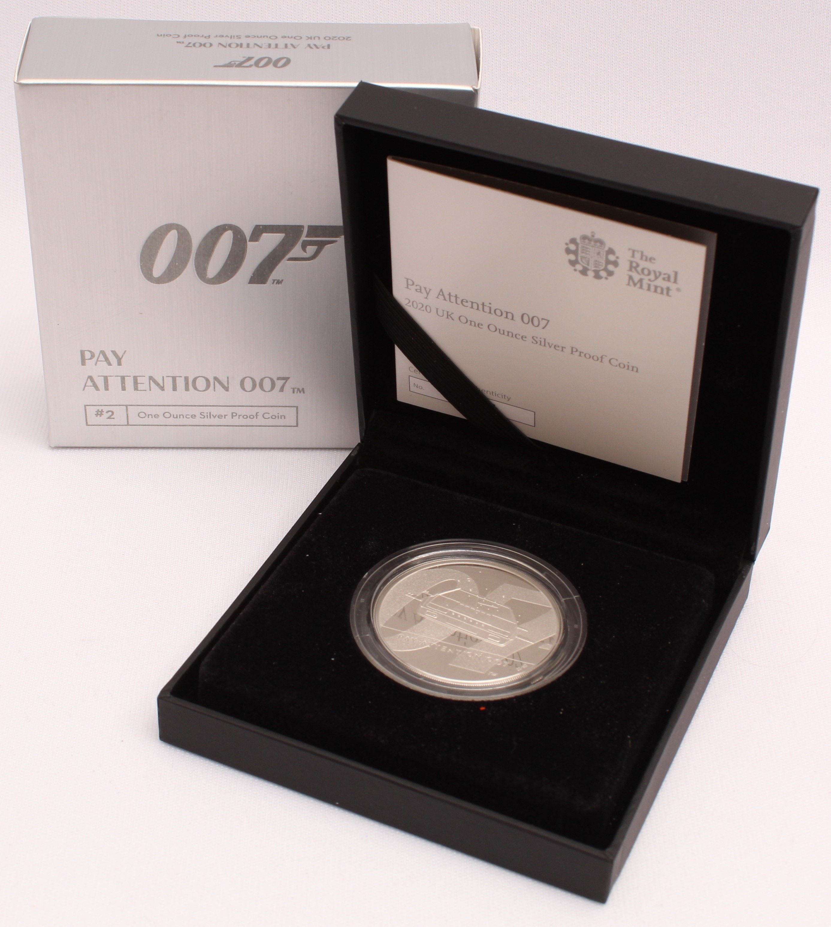 Product photo for The Royal Mint Pay Attention James Bond 007 One Ounce Silver Proof Coin - 2020