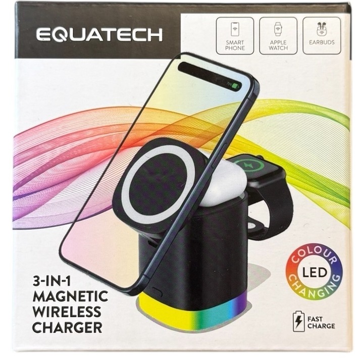 Product photo for New: Equatech 3-in-1 Magnetic Wireless Charger - LED Lighting
