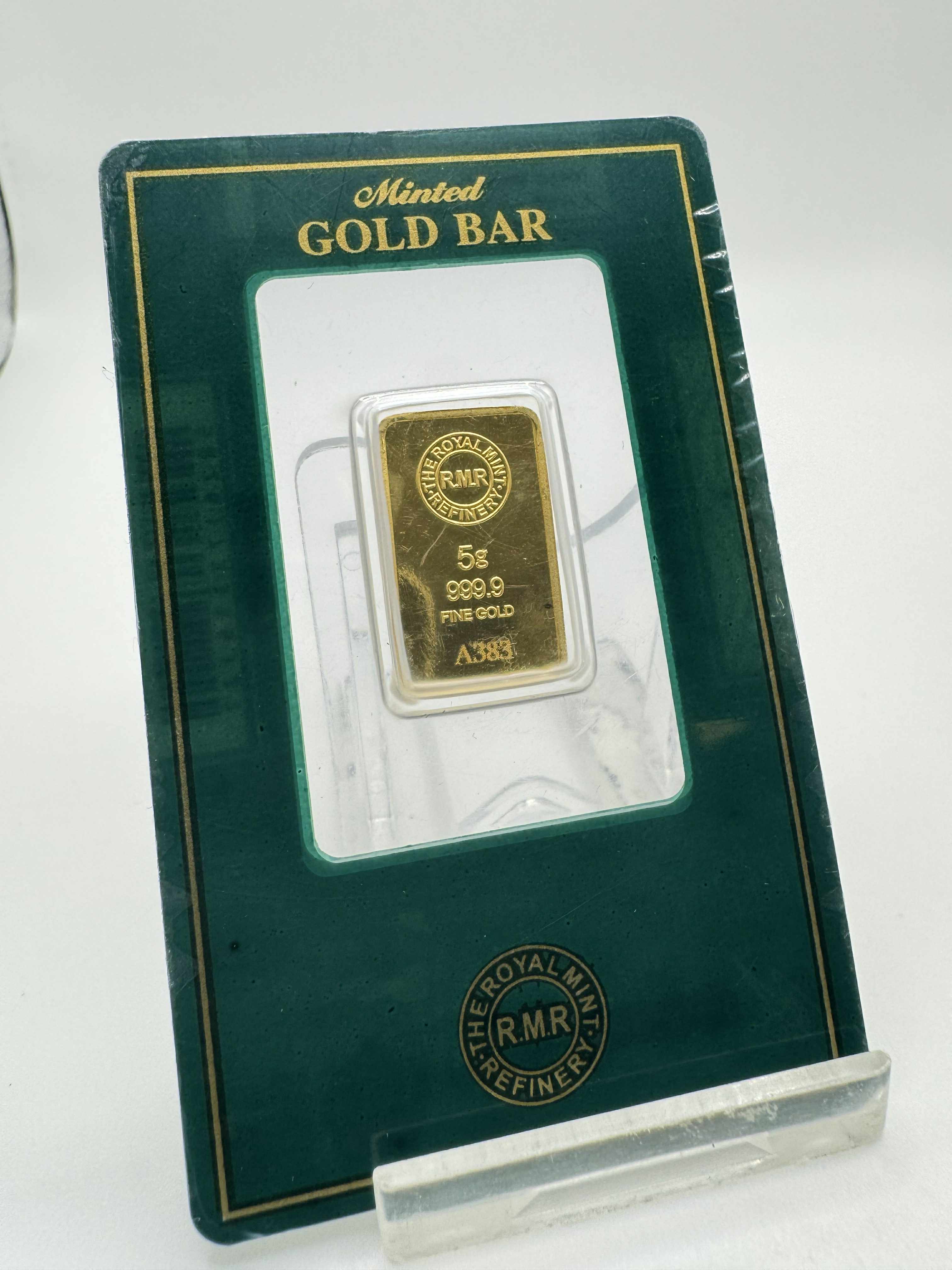 Product photo for The Royal Mint 5G Minted 999.9 Fine Gold Bar