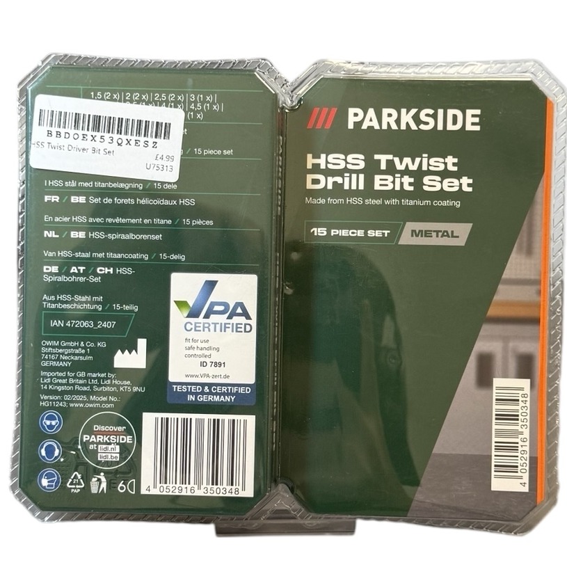 Product photo for New: Parkside HSS Twist Drill Bit Set - 15PC, Titanium Coating