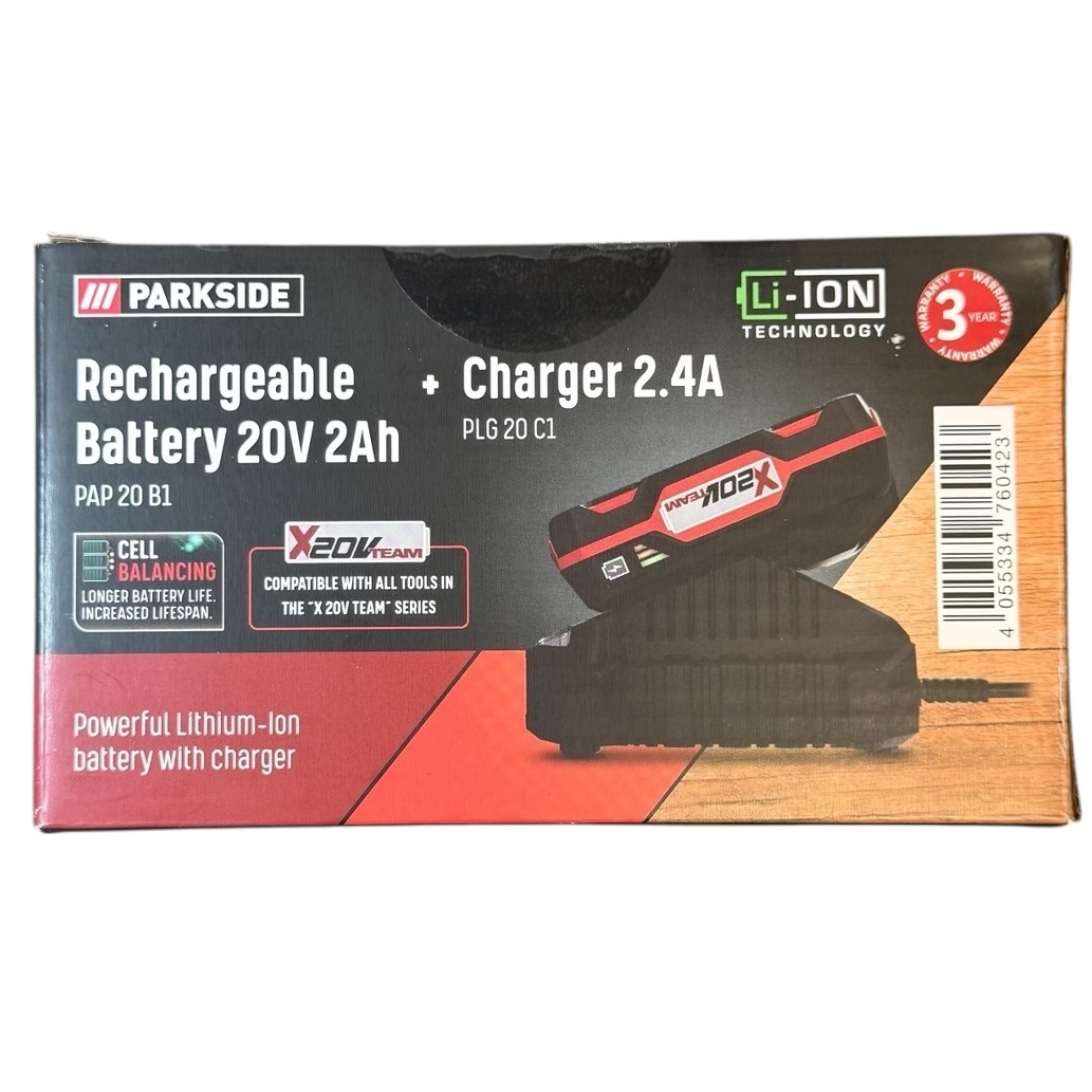 Product photo for New: Parkside Rechargeable Battery + Charger - 20V, 2AH Battery, 2.5A