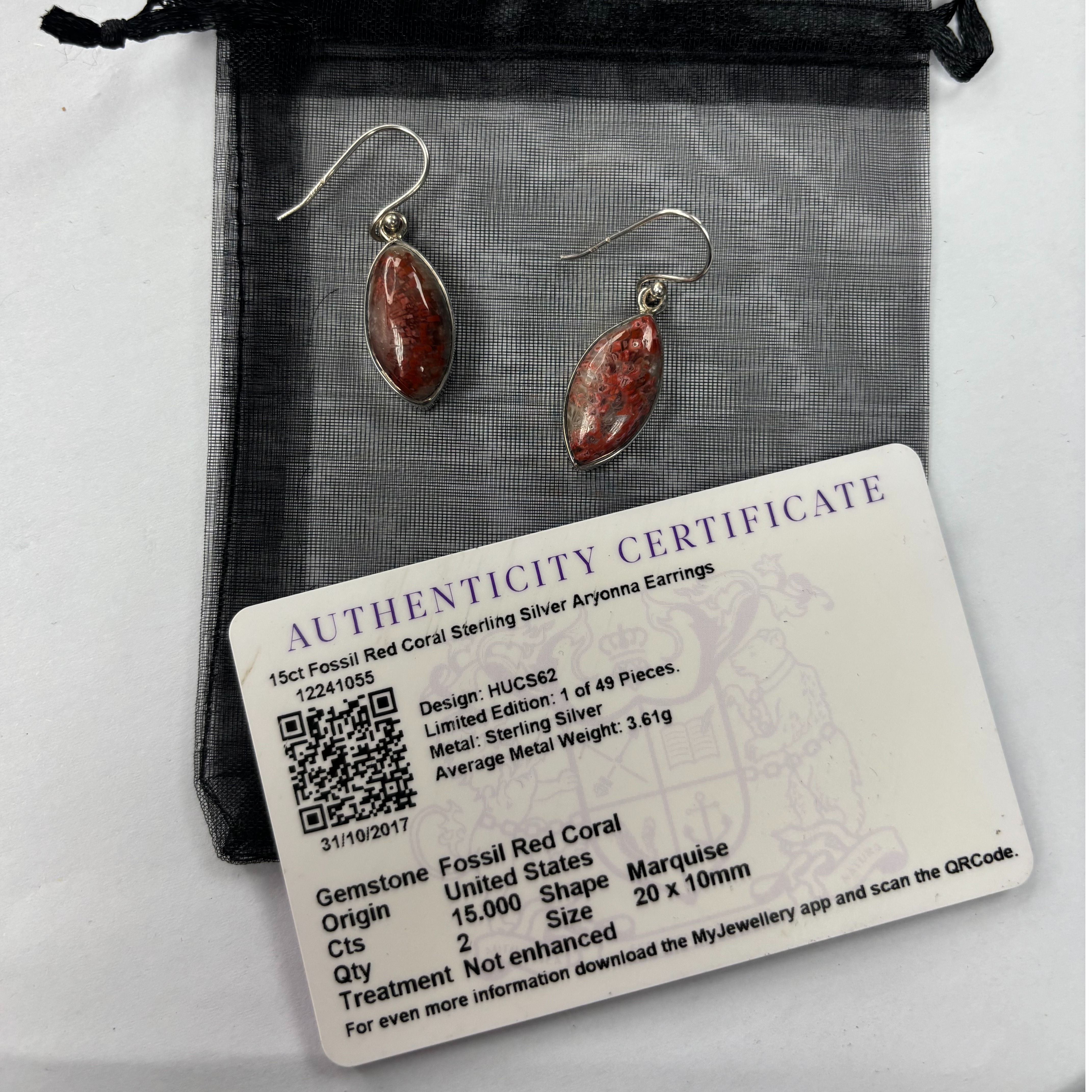 Product photo for Red Coral Hook Earrings, 15ct of 2 Fossil Earrings from USA with Card Certificate, 4.94g Silver
