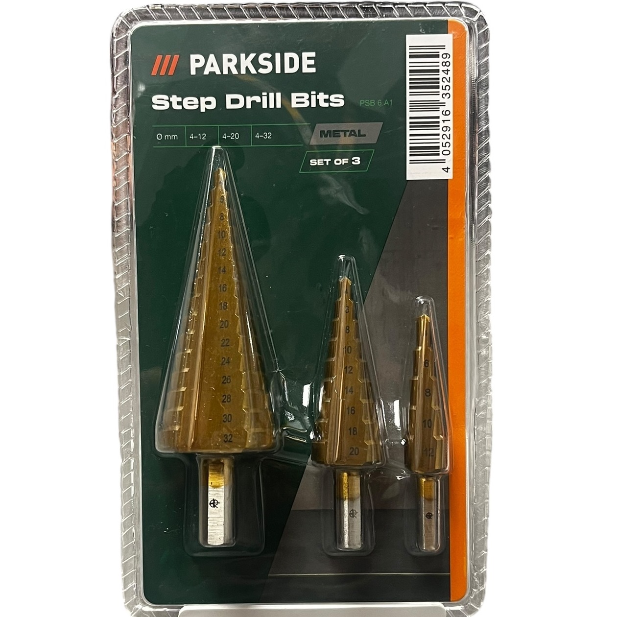 Product photo for New: Parkside Step Drill Bits - 3 Piece Set (Sizes; 4-12/4-20/4-32, Metal Bits)