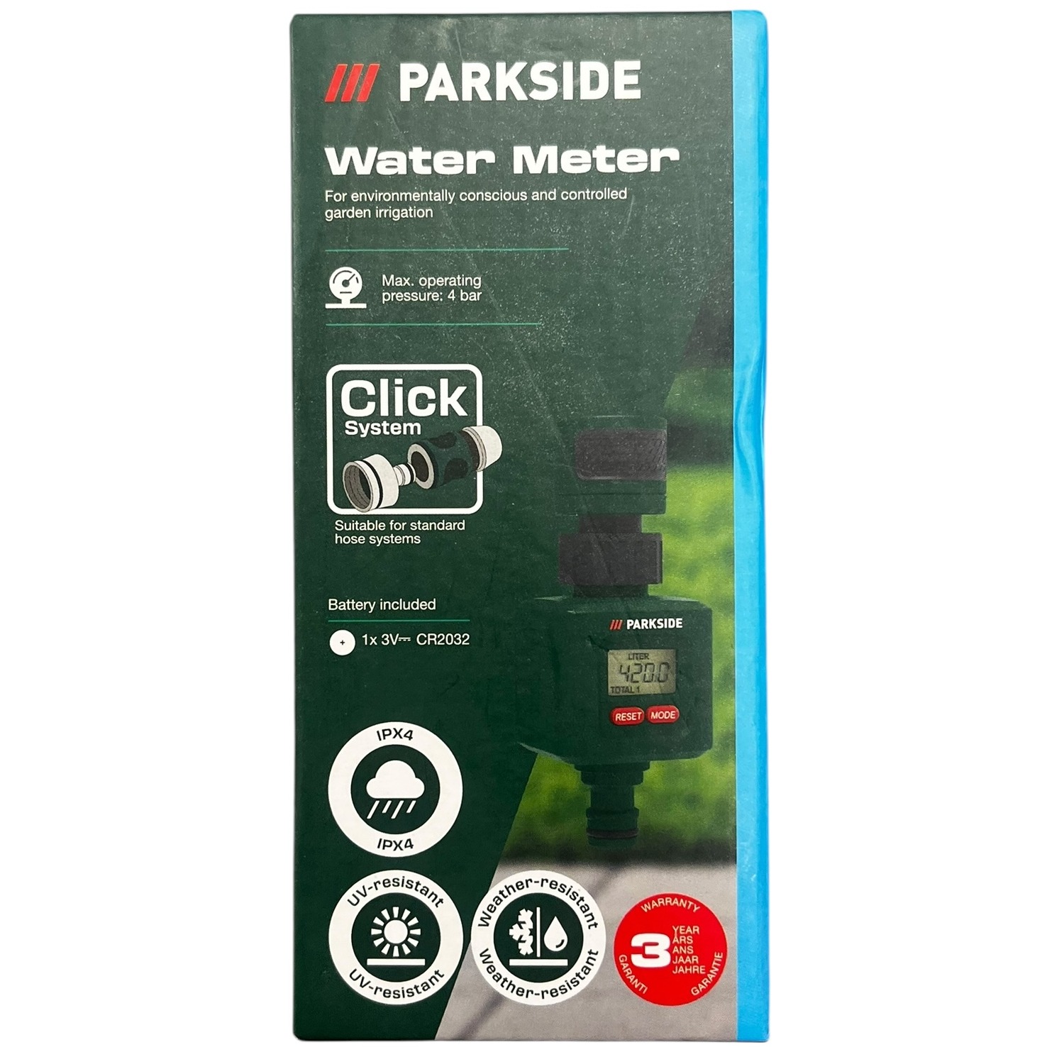 Product photo for New: Parkside Water Meter - Max Pressure 4 Bar (Click System, Green Colour)