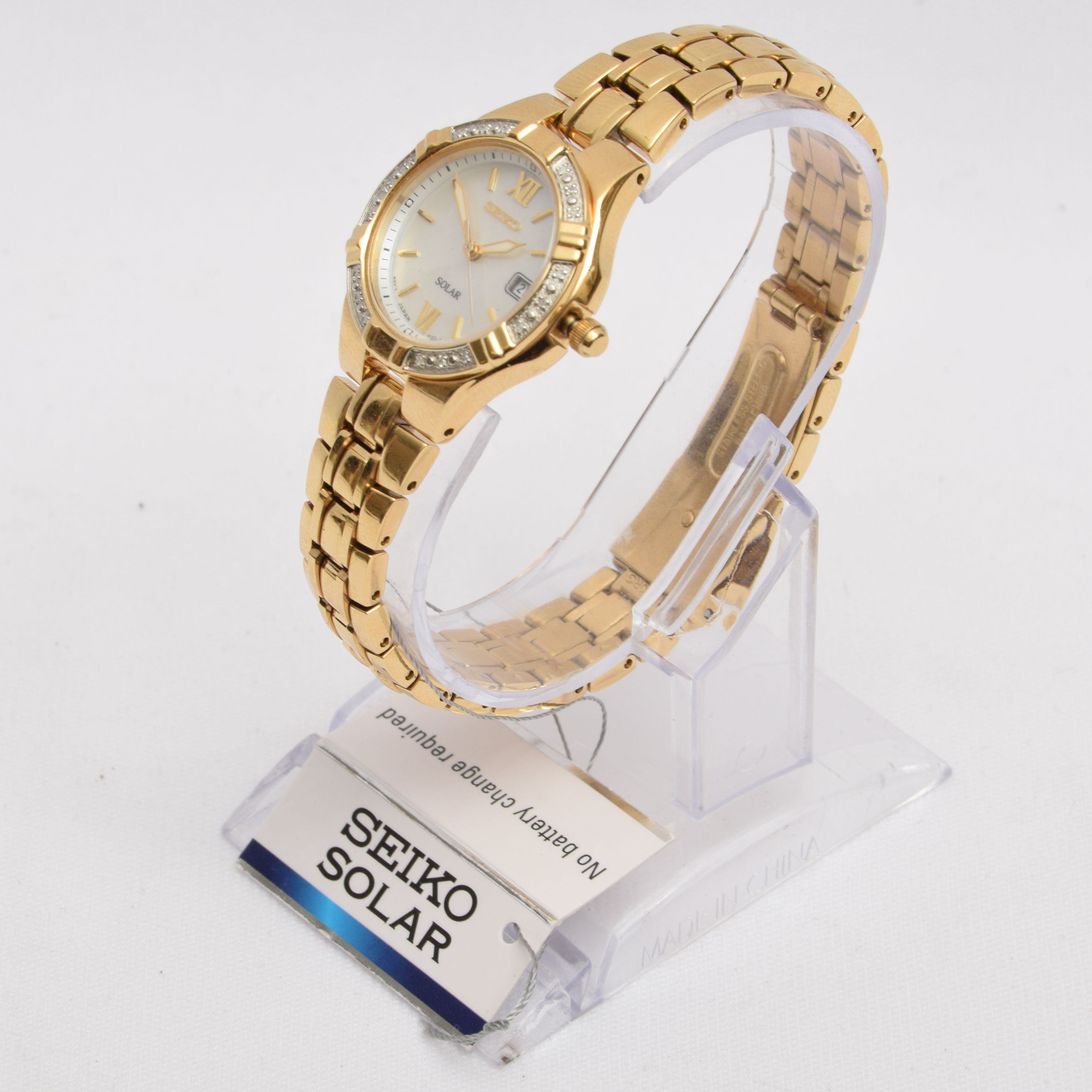 Product photo for Seiko Ladies Solar Diamond Set Gold Tone 28mm Dress Watch SUT428P (U)