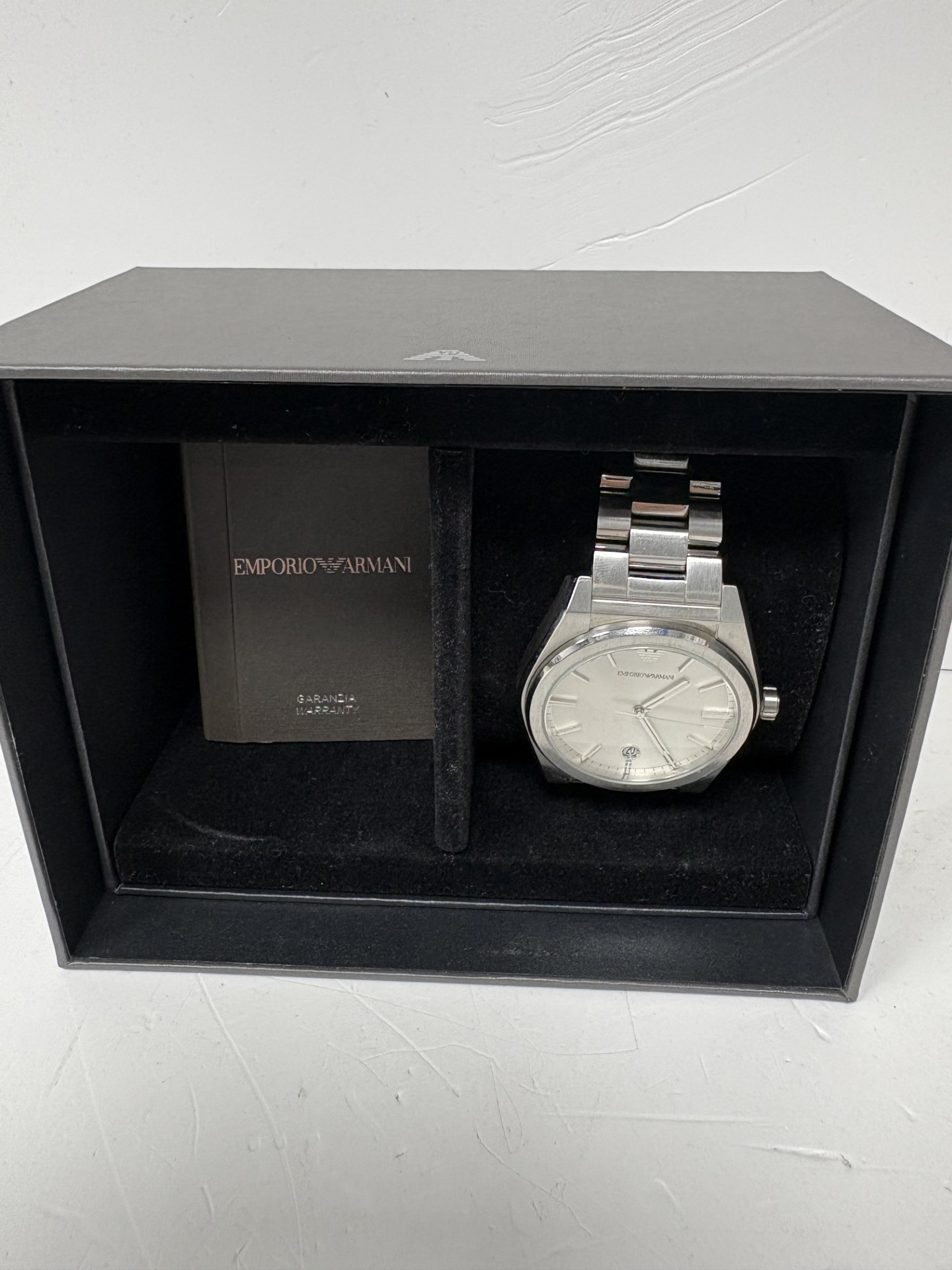Product photo for armani watch boxed silver
