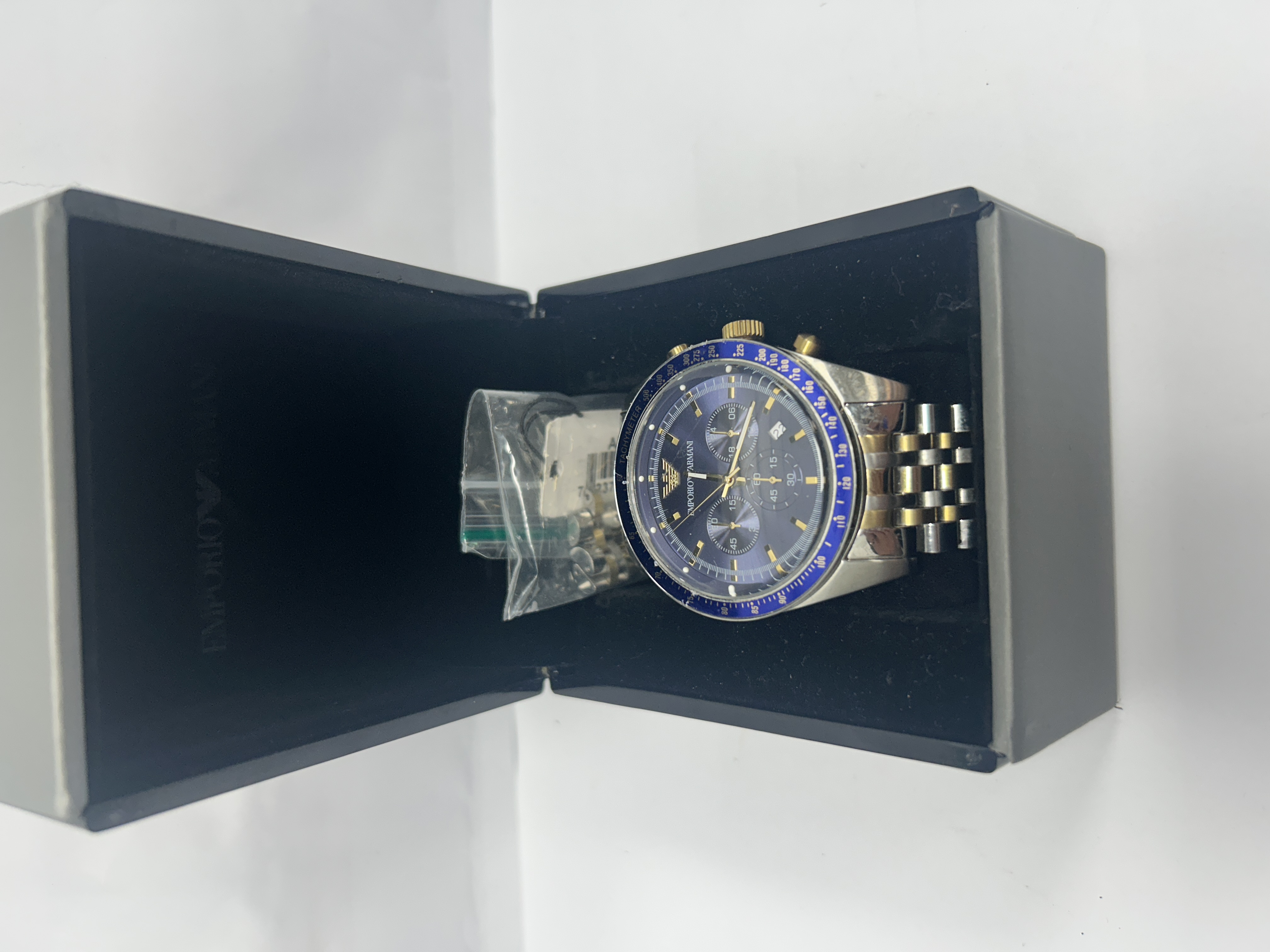 Product photo for ARMANI Emporio Armani watch blue face silver/gold shoulders boxed spare links