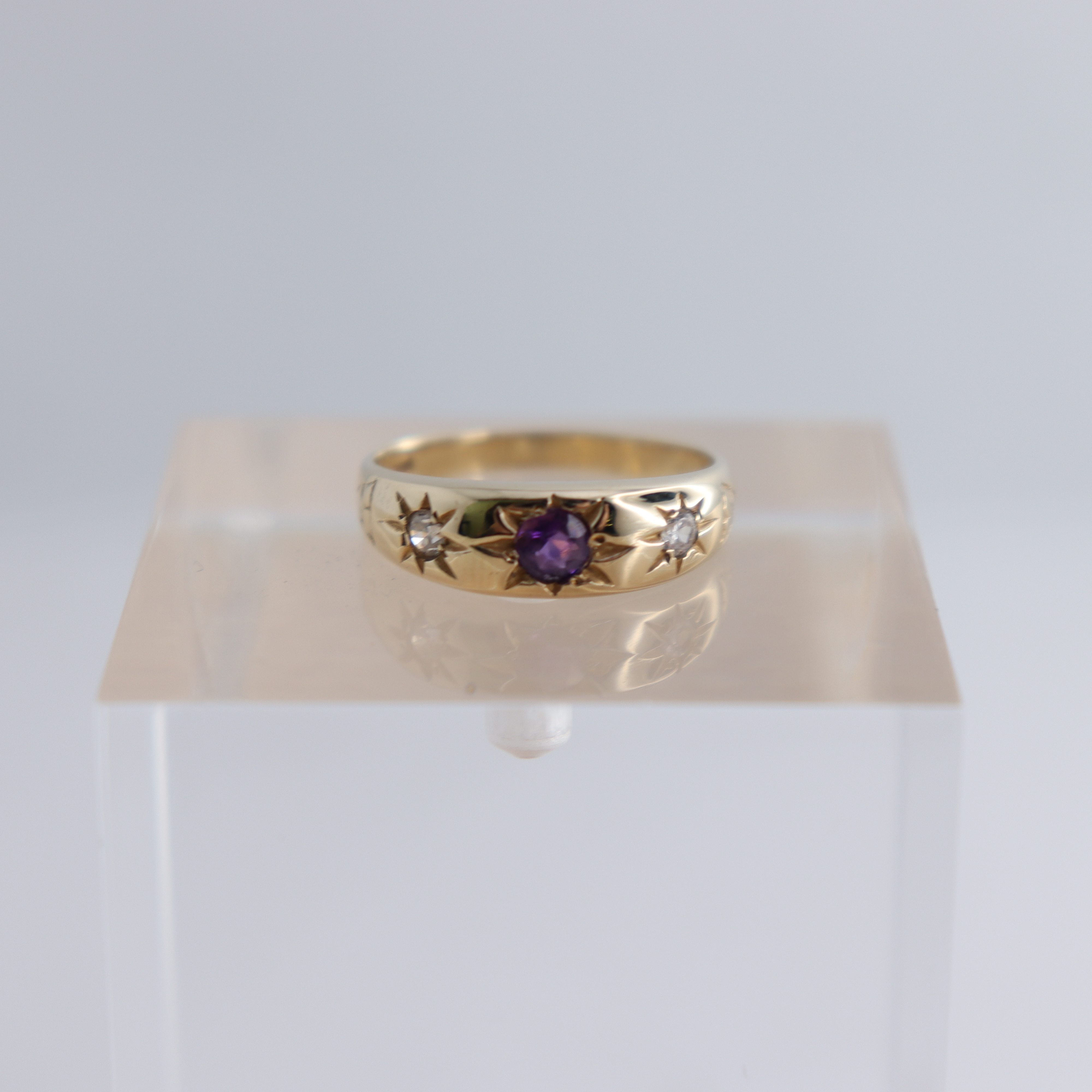 Product photo for Hallmarked 9ct Gold Amethyst & CZ Star Set Sides Antique Style 3 Stone Ring