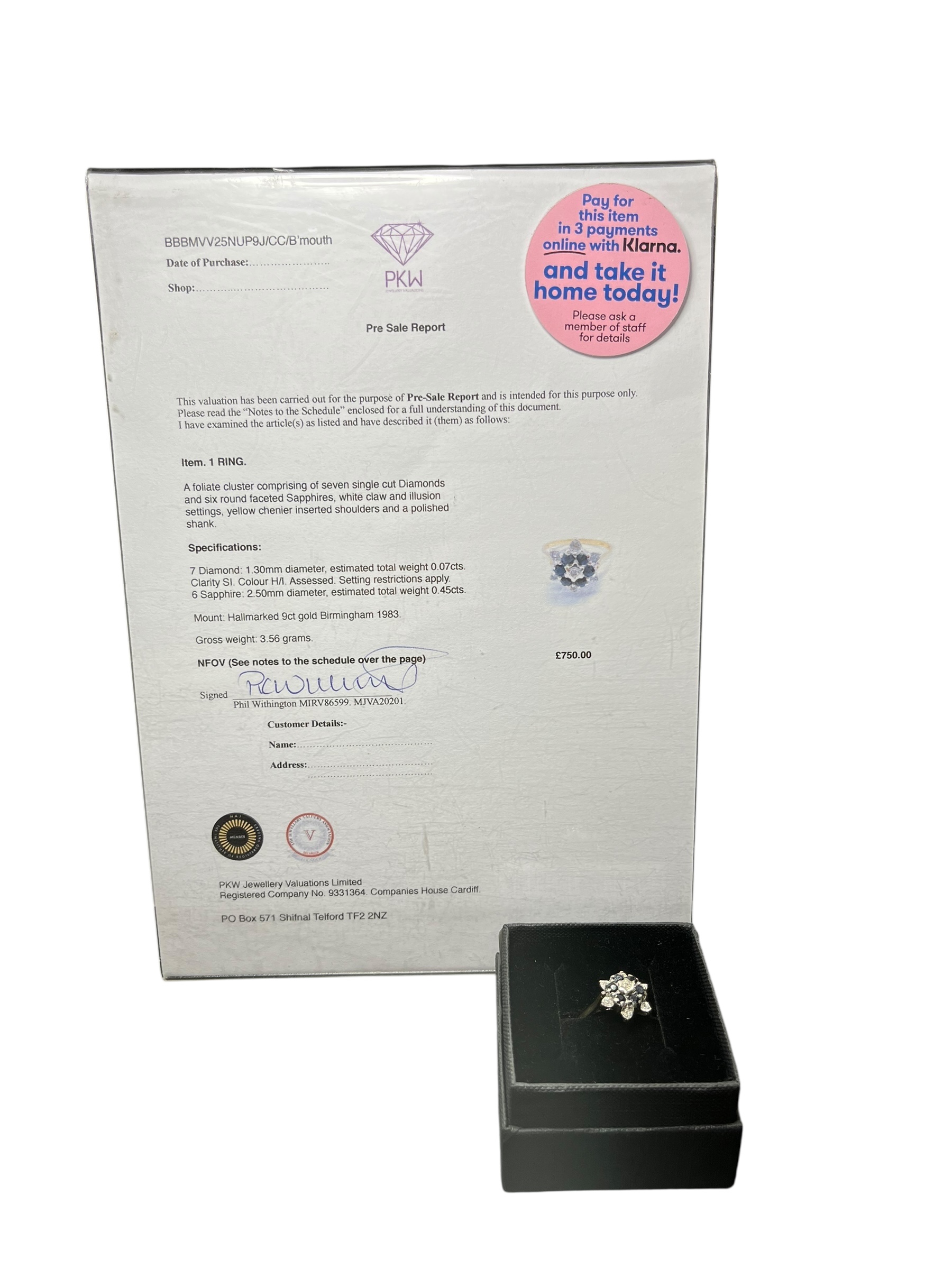 Product photo for 9ct Sapphire & Diamond Foliate Star Cluster Ring – with Appraisal Sheet