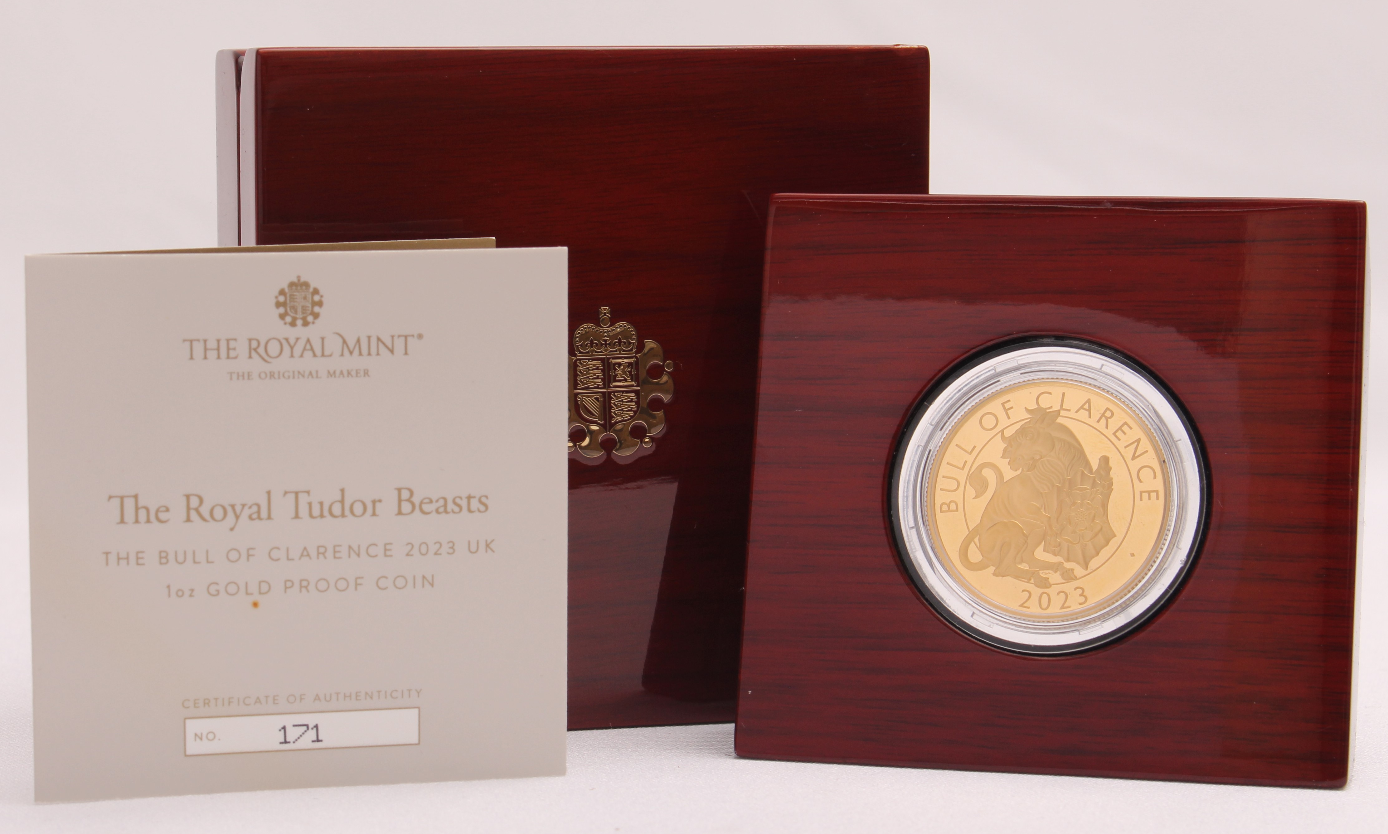 Product photo for 2023 Bull of Clarence Tudor Beasts 1oz Gold Proof Coin with Box